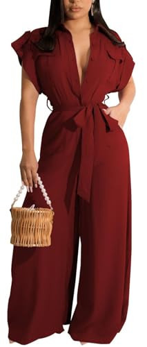 DinyIn Dressy Jumpsuits for Women Evening Party Elegant Short Sleeve Button Down Belts Pants Jumper with Pockets 10825_2burgundy XX-Large | Amazon (US)