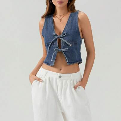 Women's Summer Denim Tank Tops Fitted Deep V Neck Front Tie-Up Solid Color Sleeveless Vest | SHEIN