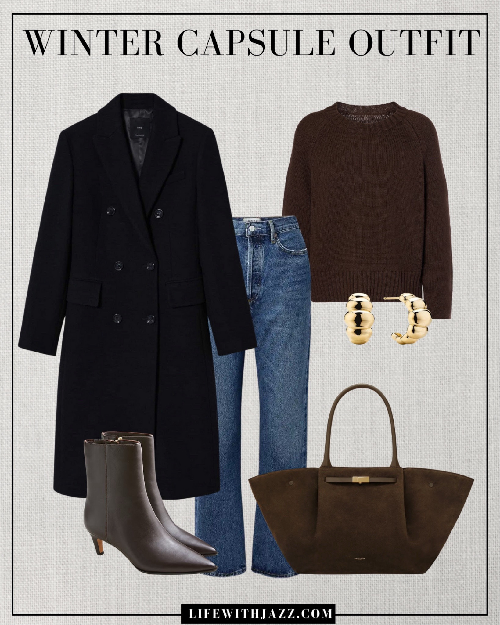 Winter capsule outfit 


Black tailored coat / chocolate brown sweater / blue ankle jeans / chocolate brown kitten heel boots / tote bag / gold earrings / smart casual / winter style wc25

#LTKStyleTip #LTKSeasonal