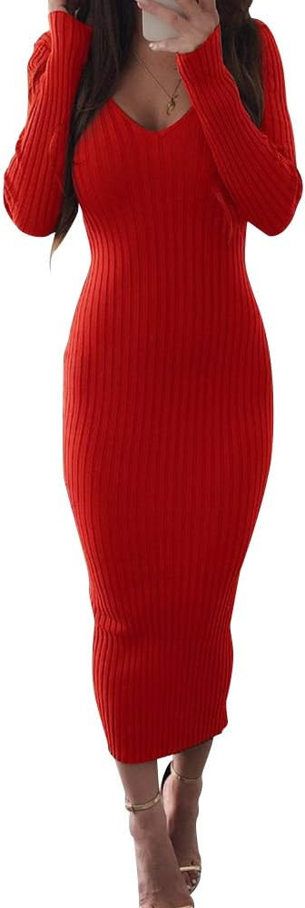 Zyyfly Women Spring Sexy V Neck Knit Long Sleeve Solid Ribbed Bodycon Midi Dress | Amazon (US)