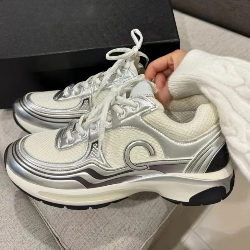 Designer Running Shoes Leather Sport Runner Lace Up Sneakers Shoe Gold Silver Metallic Flat Woman... | DHGate