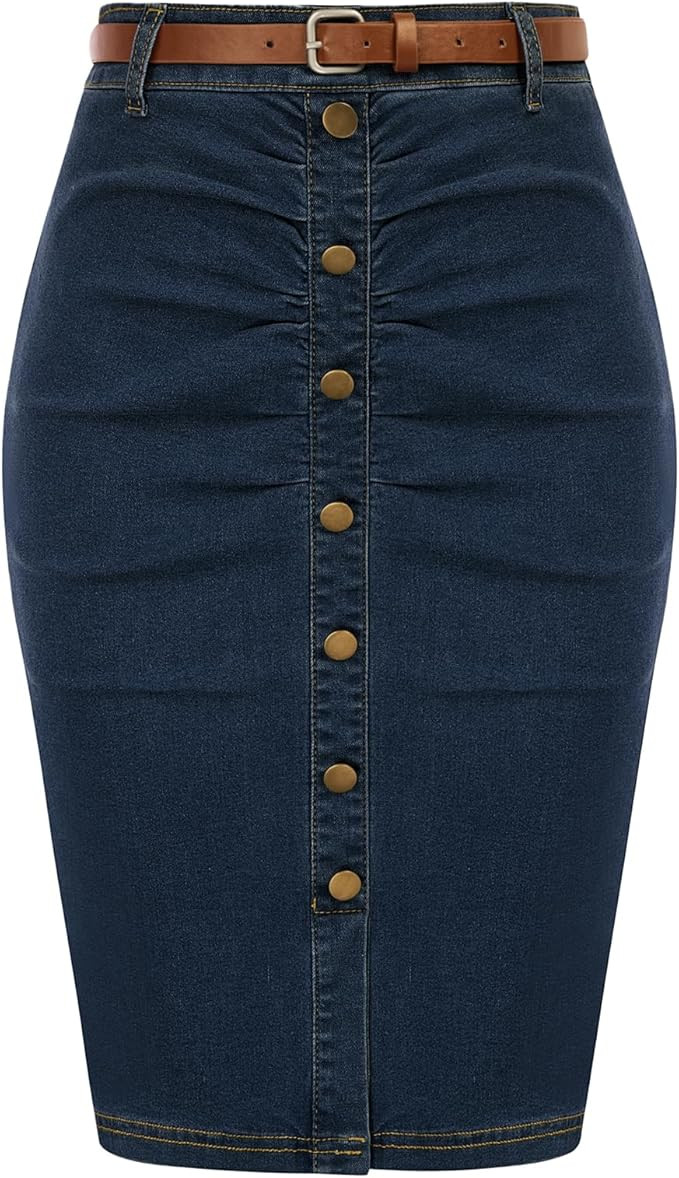 Belle Poque Denim Pencil Skirt for Women Ruched Bodycon Jeans Skirt with Belt High Waisted Pencil... | Amazon (US)
