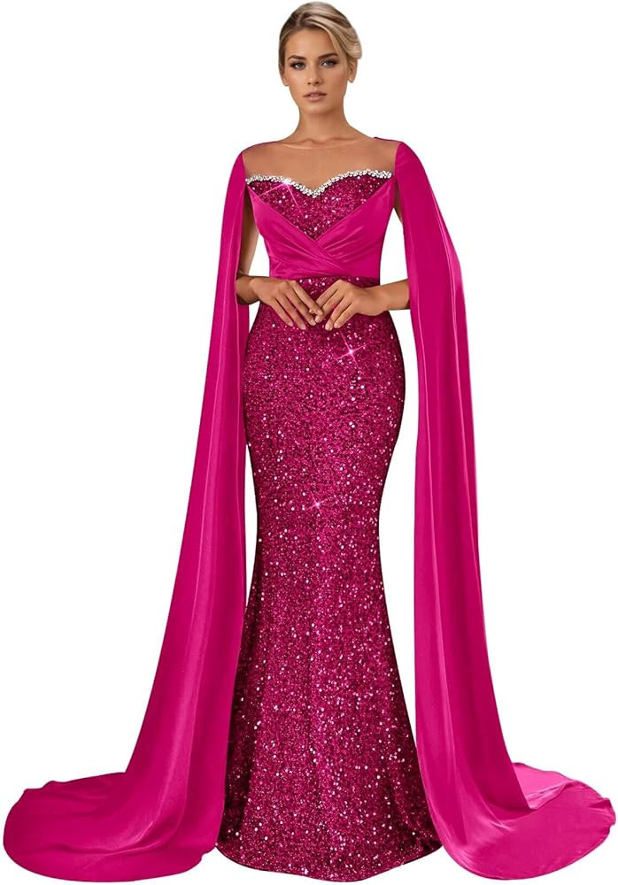 Jamille Beaded Mermaid Prom Dress for Women Long Sparkly Sequin Formal Dresses with Cape Train Sw... | Amazon (US)