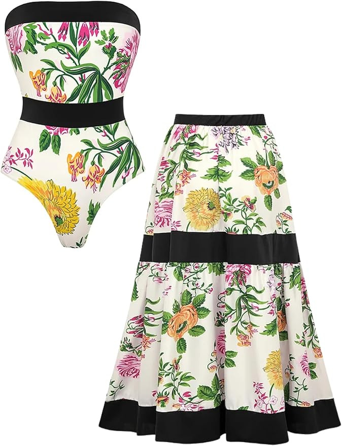 FLAXMAKER Strapless Swimsuit Lace Up Adjustable Animal Botanical Print Swimsuit and Skirt/Sarong | Amazon (US)