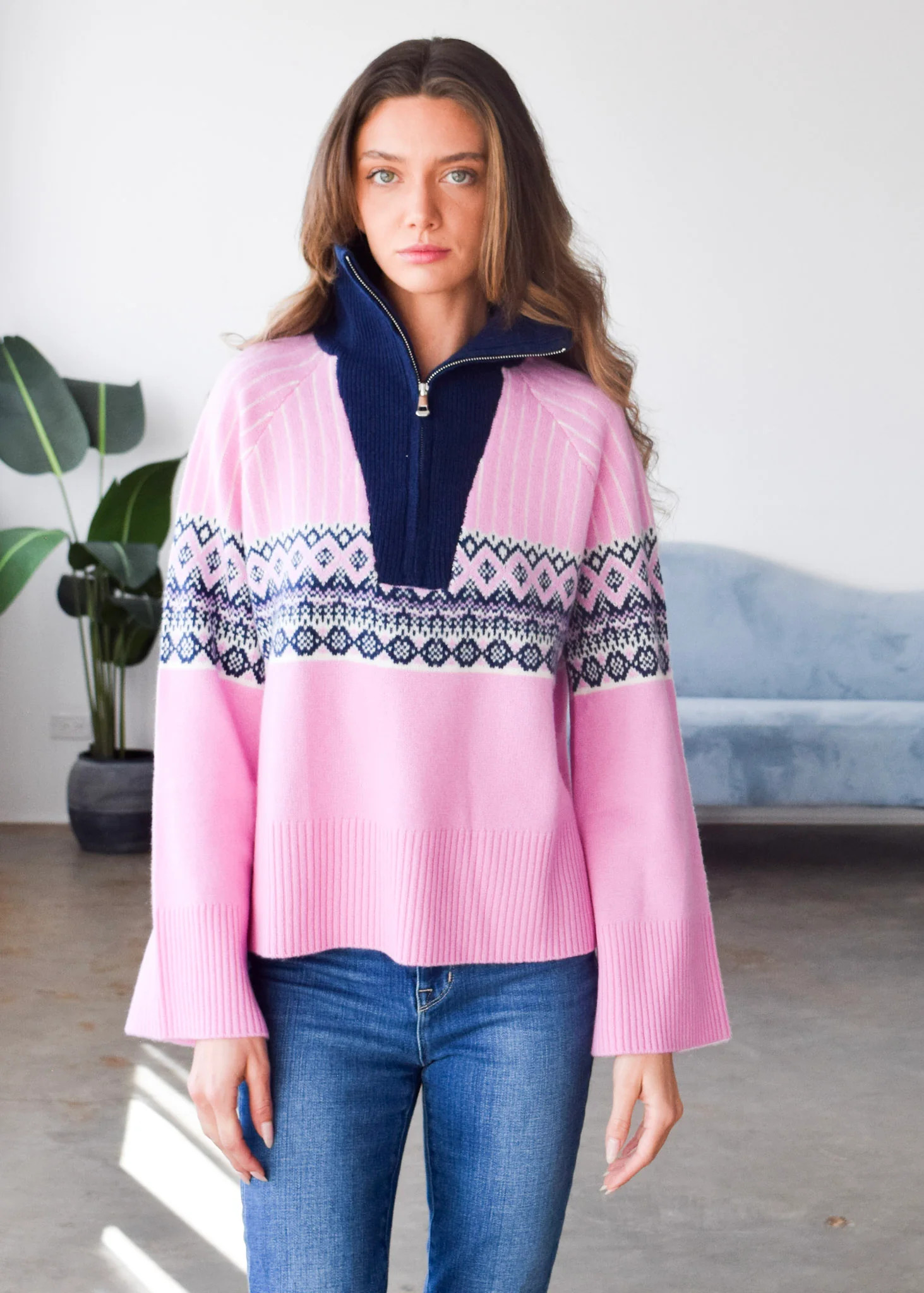 Fair Isle Zip Neck Sweater Pink | Never A Wallflower