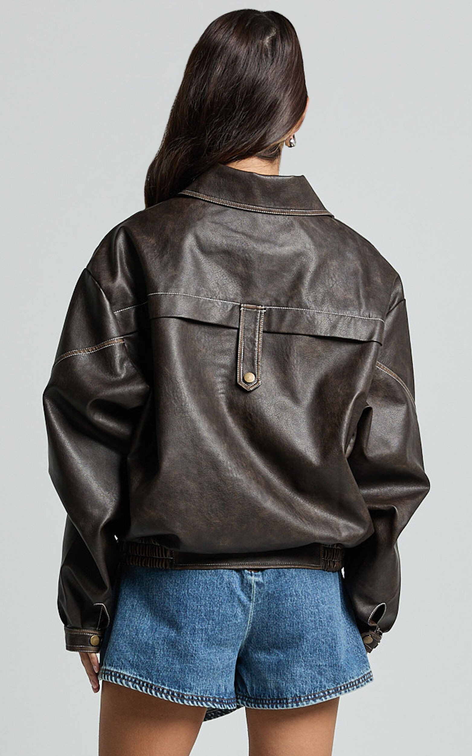 Gail Jacket - Faux Leather Bomber Jacket in Washed Brown | Showpo (ANZ)