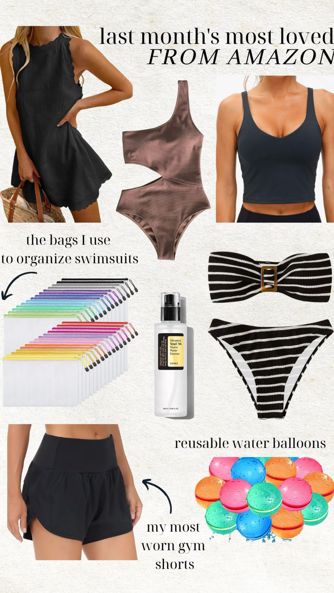 Last months most loved items from amazon 🫶🏼

Swimsuit; striped bikini; one piece swimsuit; black sports bra; black workout tank; workout tank top; black dress; home organization; organizing bags; snail serum; gym
Shorts; reusable water balloons; Christine Andrew 

#LTKbeauty #LTKswim #LTKkids