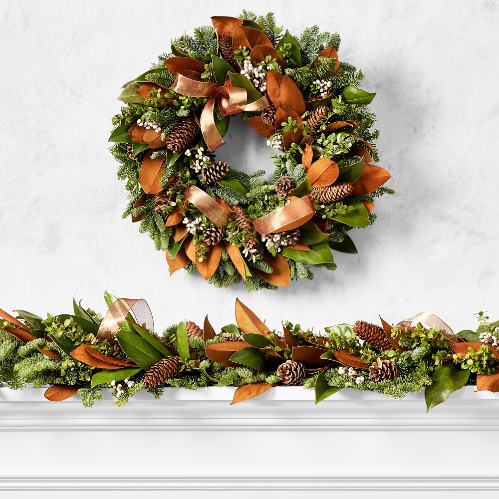 Copper Ribbon Live Wreath &amp; Garland | Williams-Sonoma