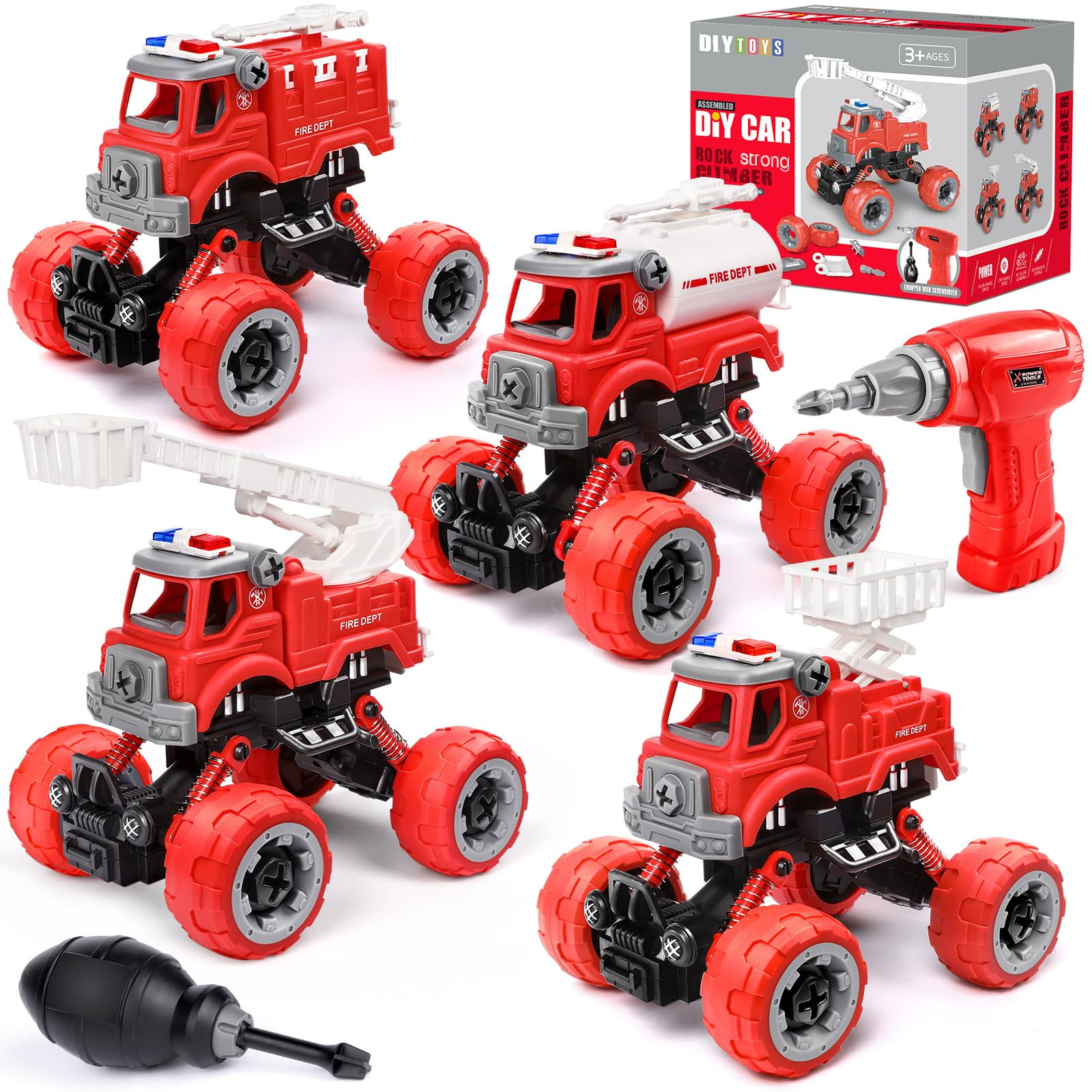 LUDILO 4PCS Fire Truck Toys for 3 4 5 Year Old Boy Birthday Gifts DIY Assembly Take Apart Firetru... | Amazon (US)