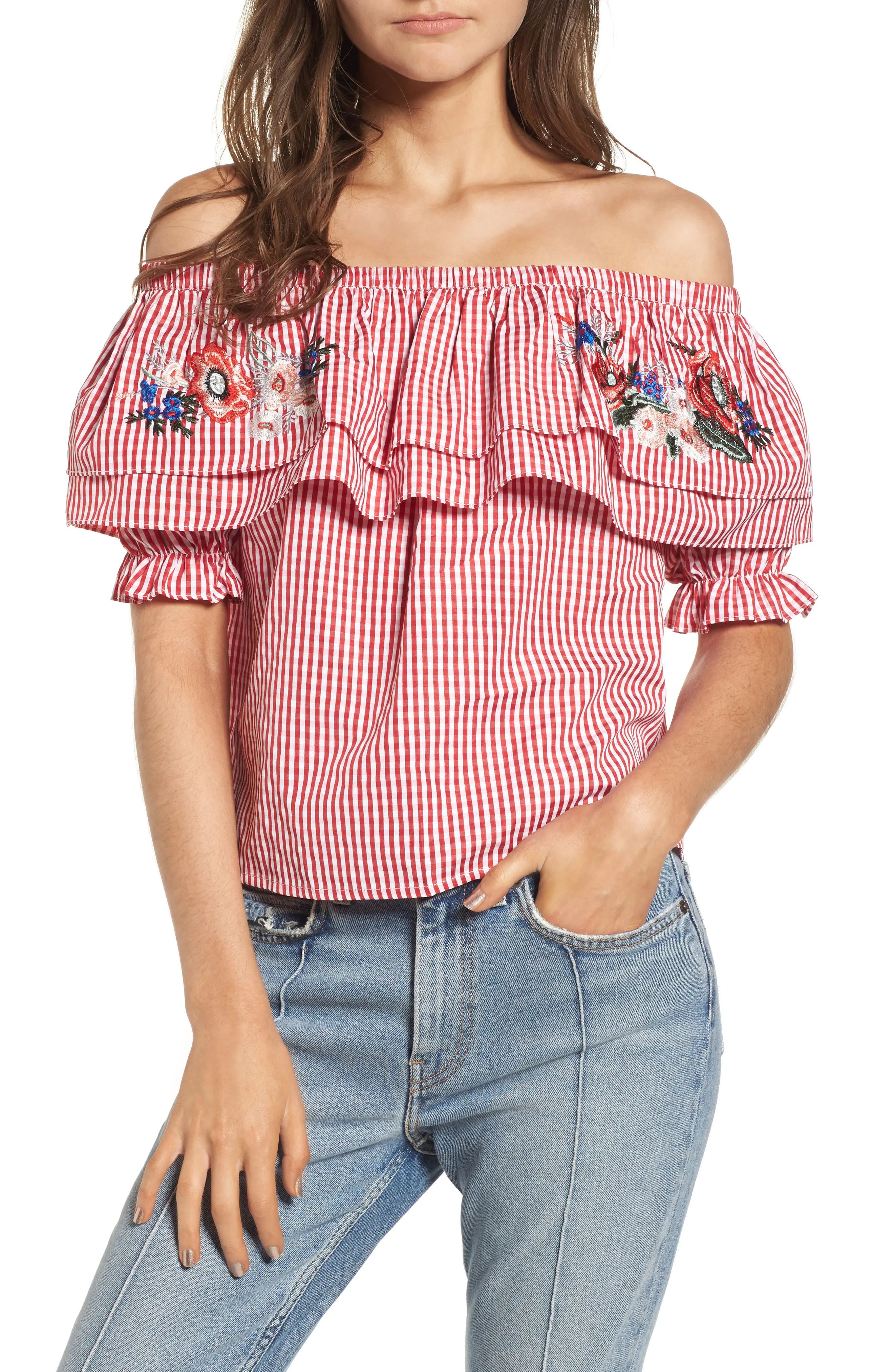 Embroidered Gingham Off the Shoulder Top | Nordstrom