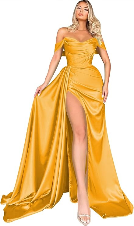 Miao Duo Women's Off Shoulder Mermaid Prom Dresses Long with Slit Pleates Wrap Satin Formal Eveni... | Amazon (US)