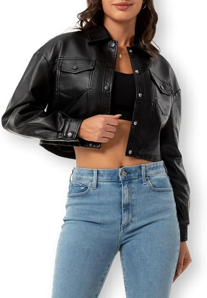 CHIGUO Women Faux Leather Cropped Jacket Trendy Moto Biker Short Jacket Fashion PU Coat Party Jac... | Amazon (US)