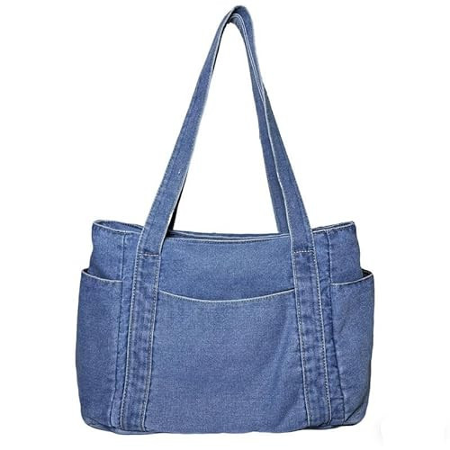 Casual Denim Tote Bag, Multi Pocket purse for Women,Canvas Handbag, Light Blue | Amazon (US)