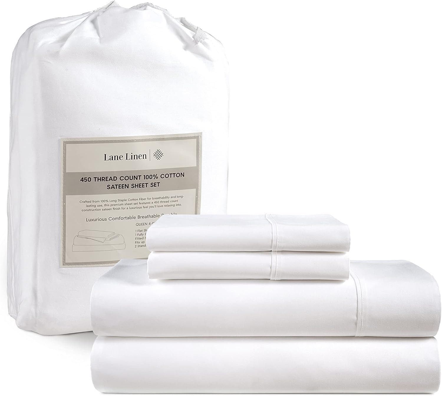 Lane Linen 100% Cotton Sheets For Queen Size Bed, 450 Thread Sateen 4 Pc Queen Sheet Set, Cooling... | Amazon (CA)