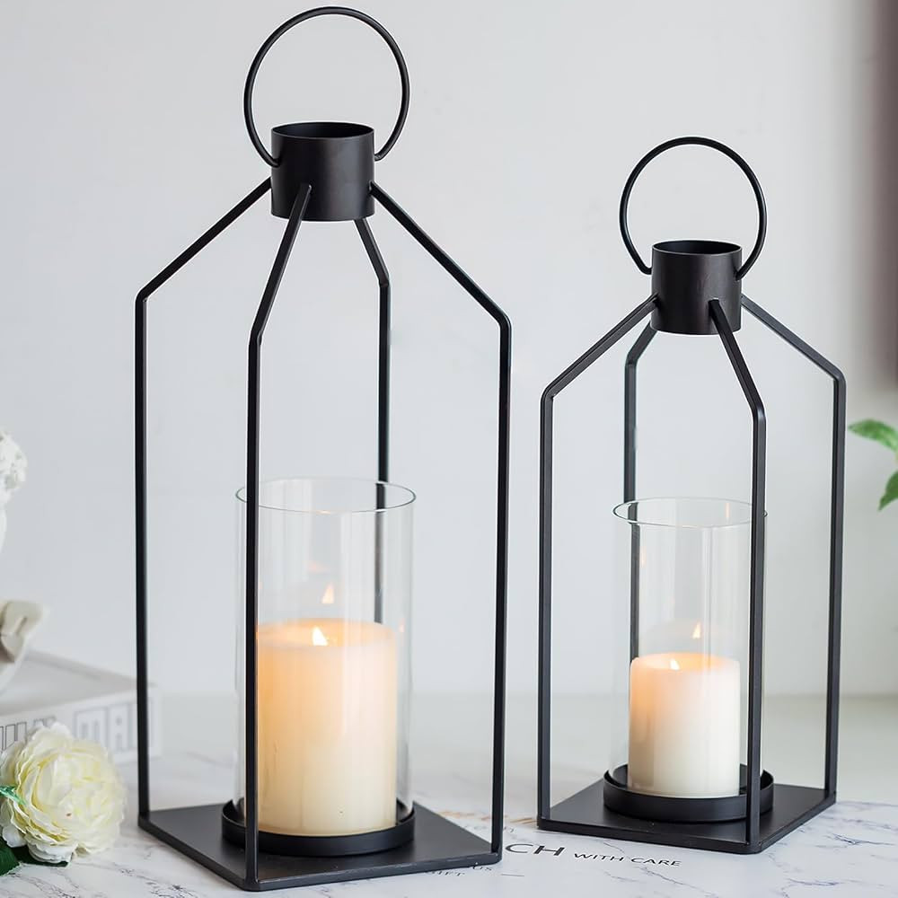 Romadedi Farmhouse Candle Lantern Outdoor Decor - Set of 2 Black Metal Lanterns Decorative with H... | Amazon (US)