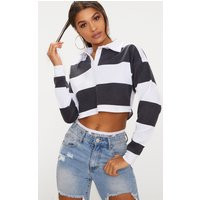 Black Stripe Collar Polo Long Sleeve Crop Top | PrettyLittleThing US