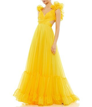 Ieena Mac Duggal Chiffon V-Neck Sleeveless Cut-Out Strappy Back Detail Tiered Ruffle Hem Gown | D... | Dillard's