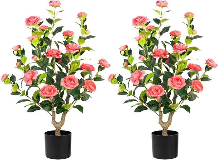Artificial Camellia Tree 2 Pack - Realistic Camellia Plants in Pot with Pink Flowers, Lifelike Fa... | Amazon (US)
