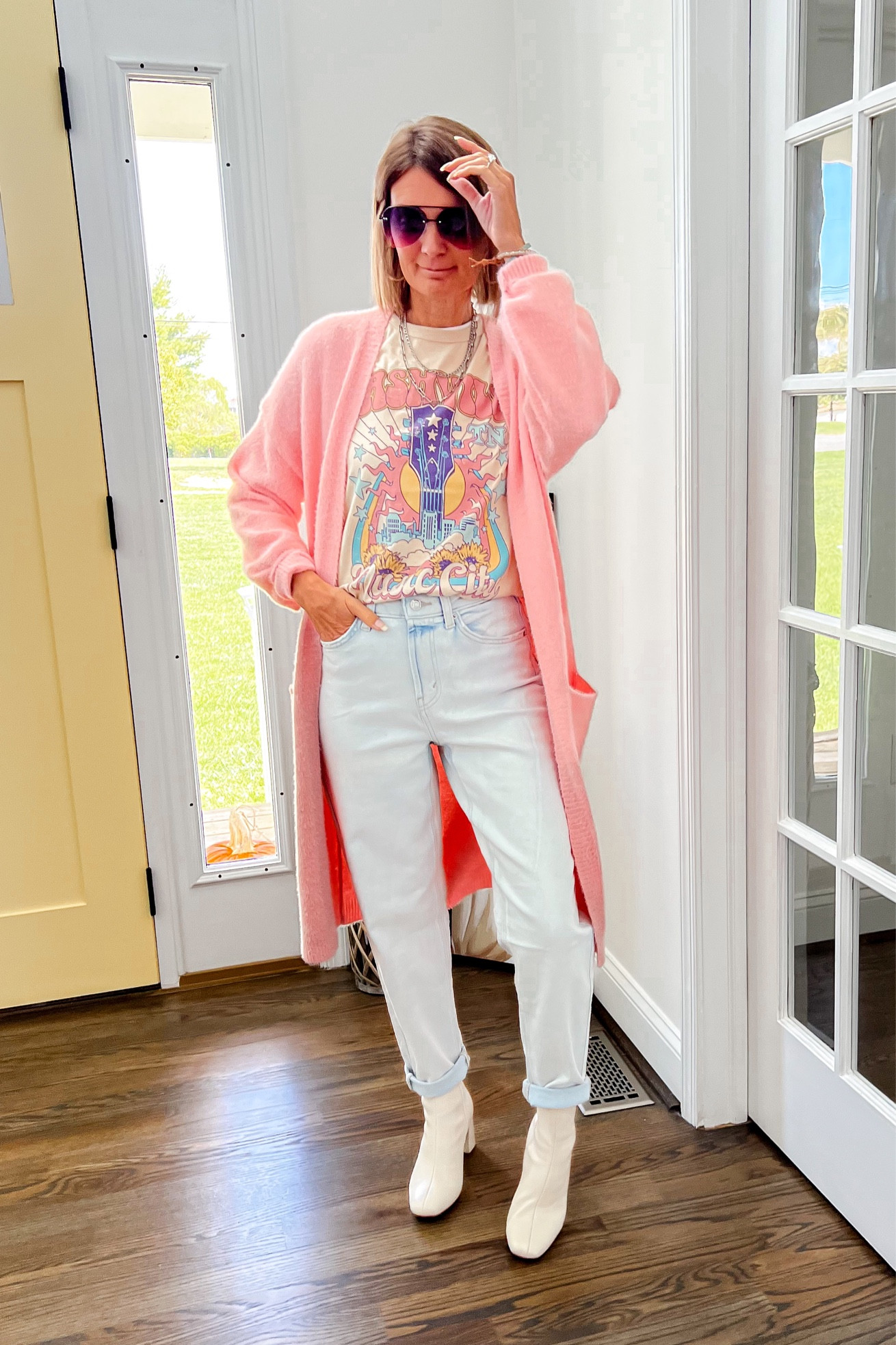 Target apparel and accessories now 30% off, target music city graphic tee, target long sleeve white tee, Amazon pink long cardigan, target high waisted tapered jeans, Amazon silver necklaces, Amazon silver hoops, target cream boots

Fall fashion/ fall look/ casual style/casual fashion/ petite girl/ petite fashion/ affordable style/Nashville 

#LTKsalealert #LTKover40 #LTKstyletip