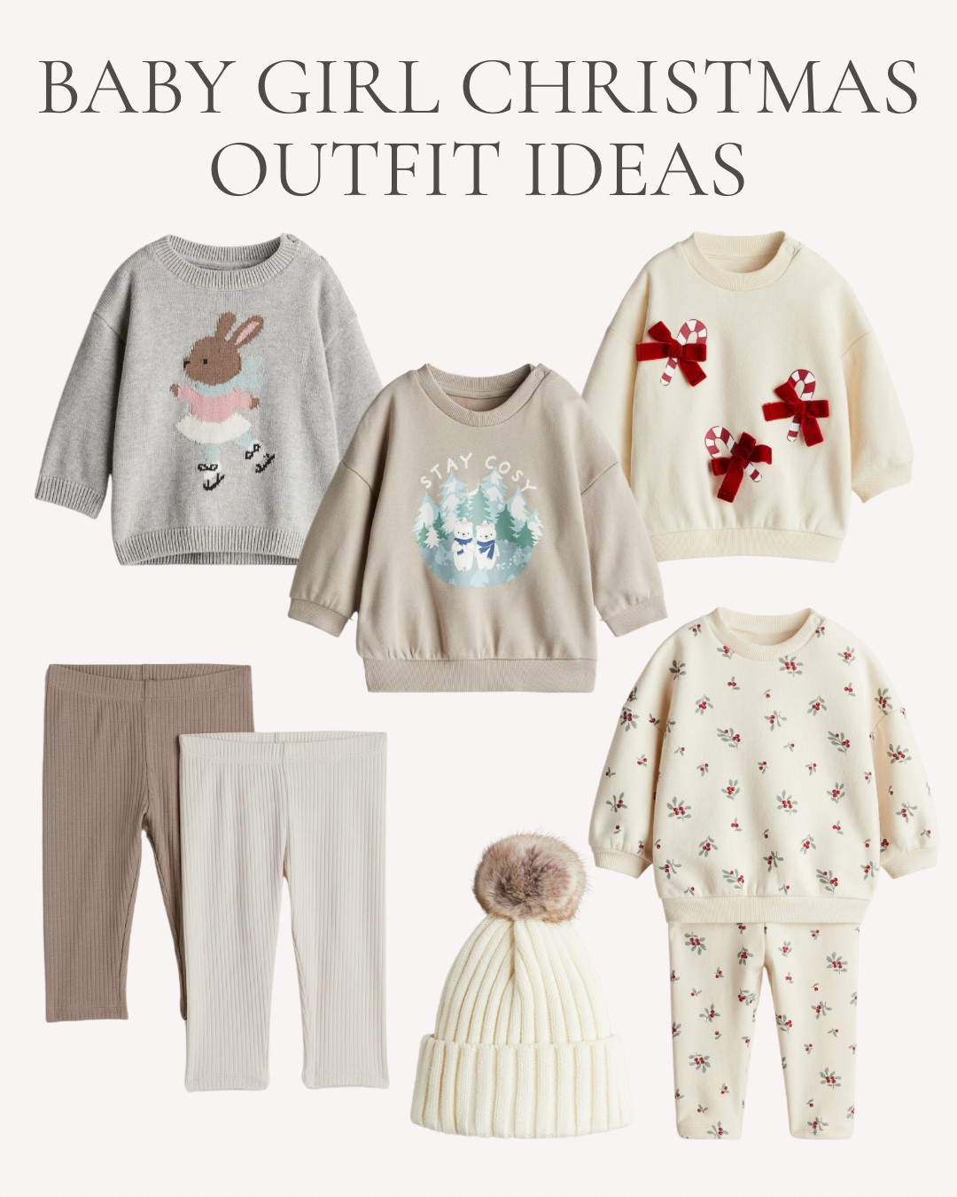 Casual Baby Girl Christmas Outfit Ideas ❄️
.
Aged 4 months - 4 years
.
Neutral baby girl Christmas outfits - Xmas jumper - Christmas sweater - H&M kids - h and m baby - cute Christmas jumpers for baby - bobble hat - winter outfits 

#LTKHoliday #LTKBaby #LTKFindsUnder50