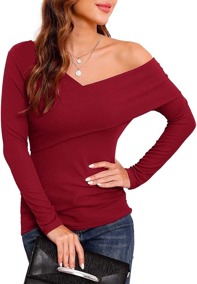 POKWAI Women's Off Shoulder Tops Fall Long Sleeve Cross Wrap V Neck T Shirts Blouse | Amazon (US)
