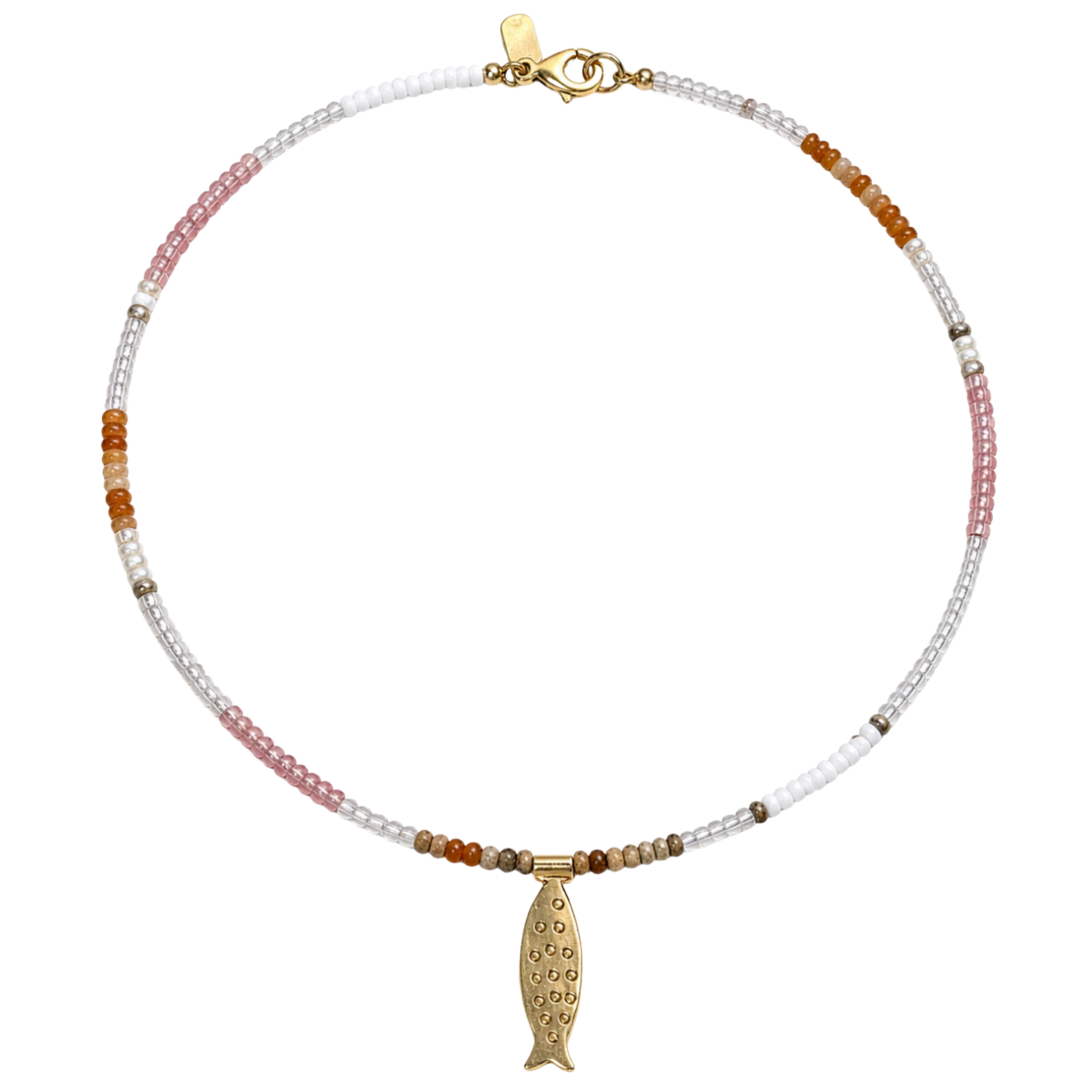 Pink Beaded Gold Fish Necklace | Logan Tay