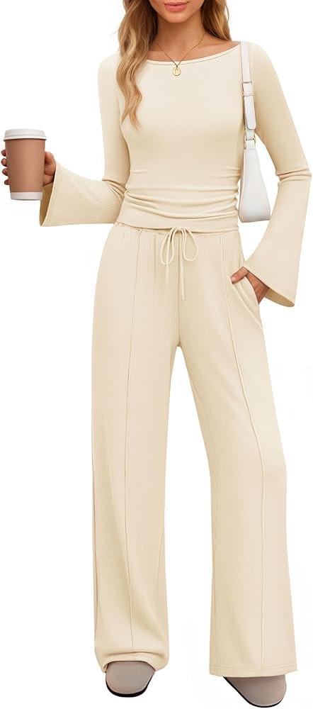 ZESICA Womens Long Sleeve Boat Neck Wide Leg Pants 2 Piece Sets | Amazon (US)
