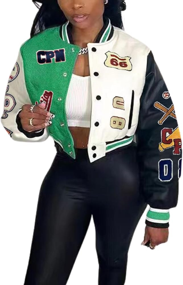 Glitrandi Varsity Jacket Women with Patches Print Cropped Bomber Leather Jacket Women 2025 S-XXL | Amazon (US)