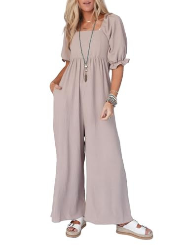 Dokotoo Womens Overalls Beige Jumpsuits for Women Casual Loose Fit Solid Color Wide Leg One Piece Short Puff Sleeves Jumpsuit Solid Color Long Pant Rompers with Pockets Medium | Amazon (US)