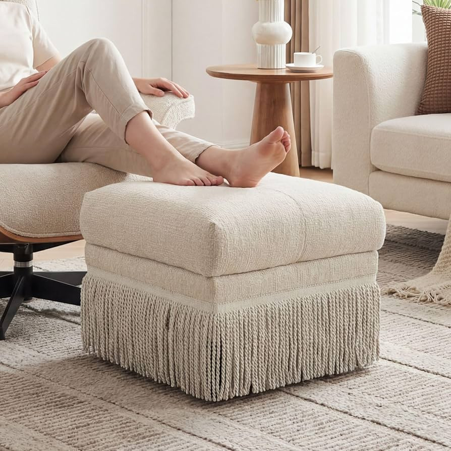 Hyfirm 22 Inch Square Beige Ottoman with Fringe for Living Room, Plush Modern Boho Upholstered Ac... | Amazon (US)