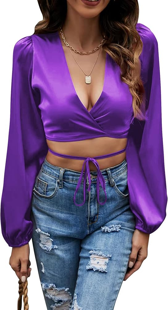 LYANER Women's Satin Wrap V Neck Criss Cross Tie Long Sleeve Crop Blouse Top | Amazon (US)