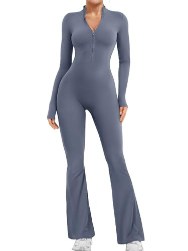 YEOREO Women Long Sleeve Flare Workout Jumpsuit Zip Up Romper Bottom Pants Wide Leg Bodysuit Bodycon Sexy One Piece | Amazon (US)