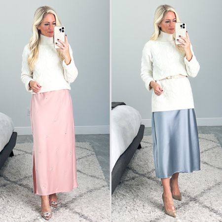 How to style satin dresses for winter! Wear a cream cozy sweater over the dress and use a belt to either tuck the sweater underneath or over the sweater for an added detail. Pink dress has pretty gem embellishments, blue dress is lined and thick material. 

#LTKstyletip #LTKfindsunder50