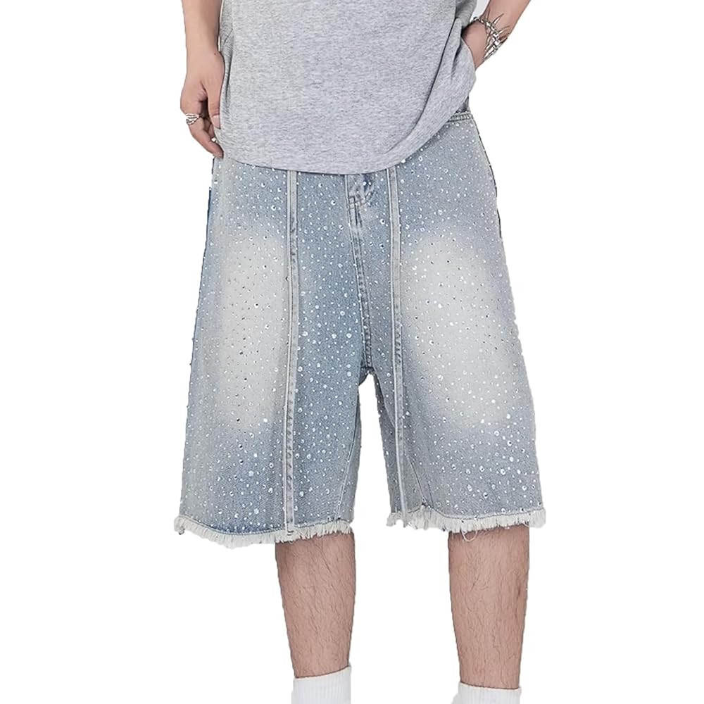 Y2K Rhinestone Baggy Jeans Shorts Wide Leg Washed Denim Shorts Grunge Ripped Bermuda Jorts Hip Ho... | Amazon (US)