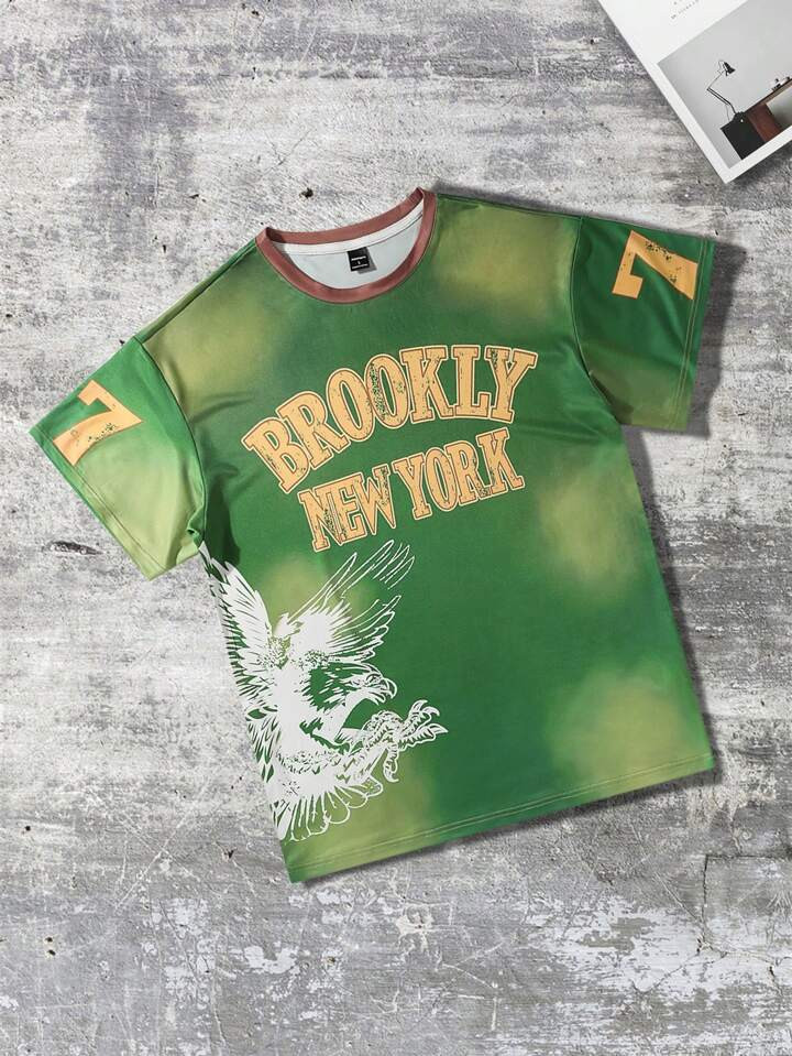 Manfinity Streetrush Men's Summer Eagle Letter Print Round Neck Short Sleeve Casual T-Shirt | SHEIN