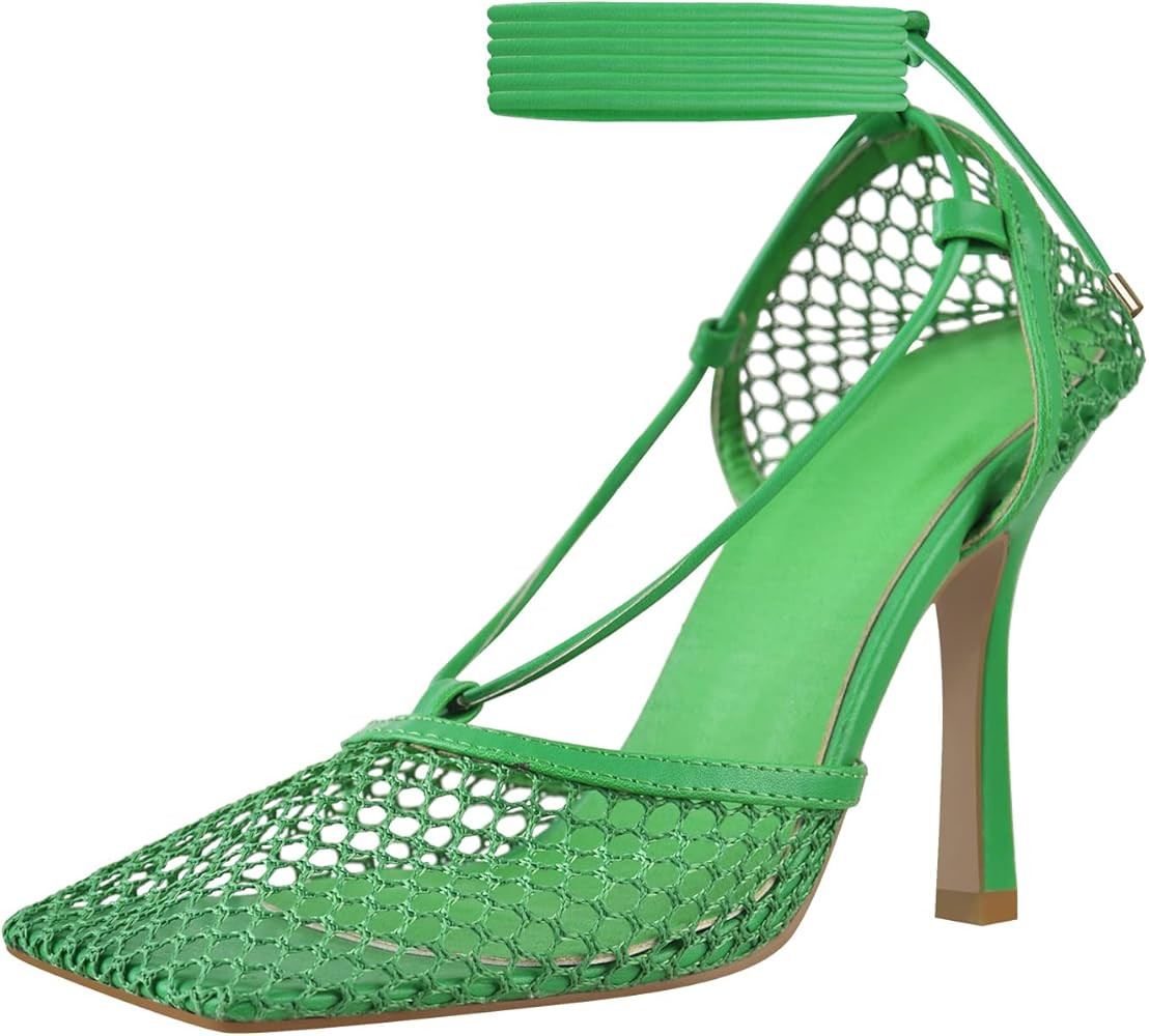 Richealnana Women's Square Toe Mesh Lace Up Strappy Sexy Sandals | Amazon (US)