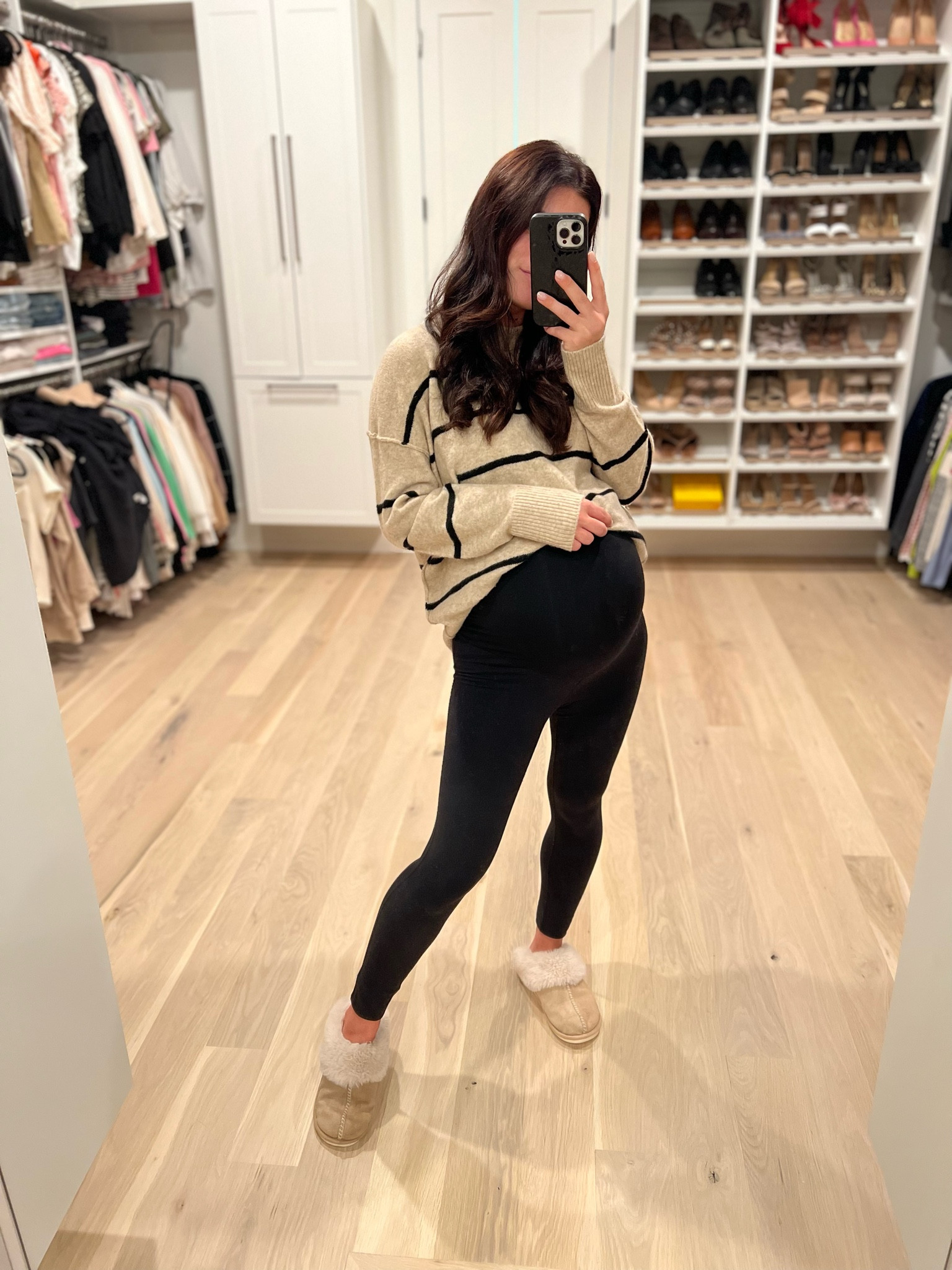 Zella Maternity leggings (XS) 
Maternity Spanx leather leggings linked (tts or size up one if btwn sizes)
Tunic Sweater (S) 
Amazon slippers (tts) 

#LTKsalealert #LTKbump #LTKfindsunder50