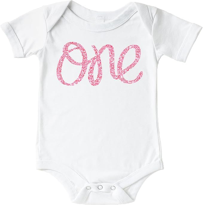 Olive Loves Apple 1st Birthday Onesie Girl Glitter Bodysuit Rose Gold, Pink, Purple, Red, Silver ... | Amazon (US)