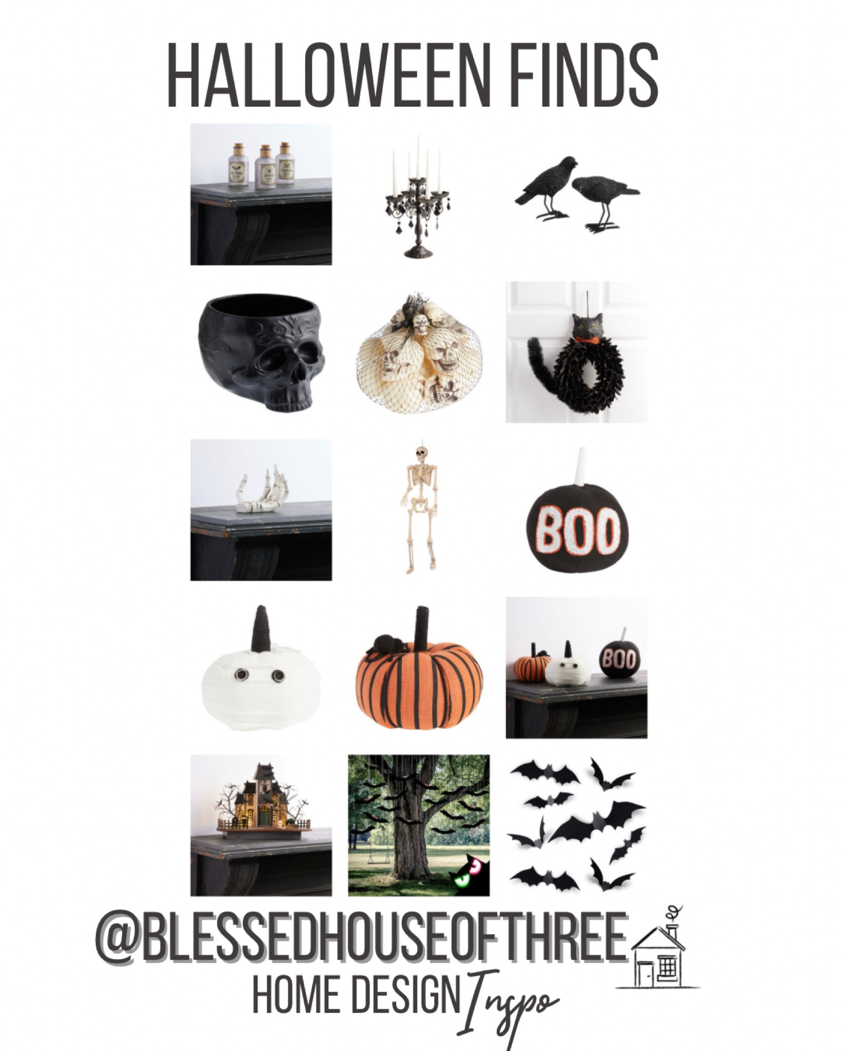 Halloween home decor finds, Halloween pumpkin decor, black iron candelabra taper, hanging bat, bay decoration, crow decorations, skull bowl filler, human skeleton 



#LTKhome #LTKFind