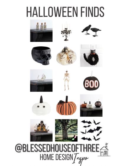 Halloween home decor finds, Halloween pumpkin decor, black iron candelabra taper, hanging bat, bay decoration, crow decorations, skull bowl filler, human skeleton 



#LTKhome #LTKFind