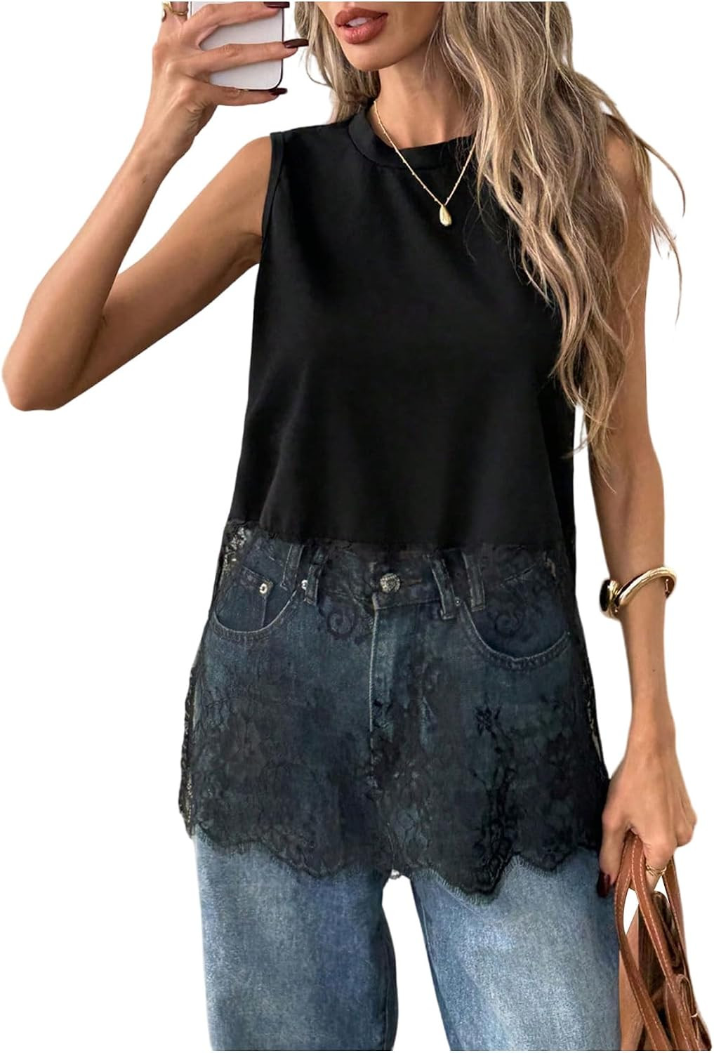 Floerns Women's Lace Tank Tops Patchwork Crewneck Sleeveless Tee Tops | Amazon (US)