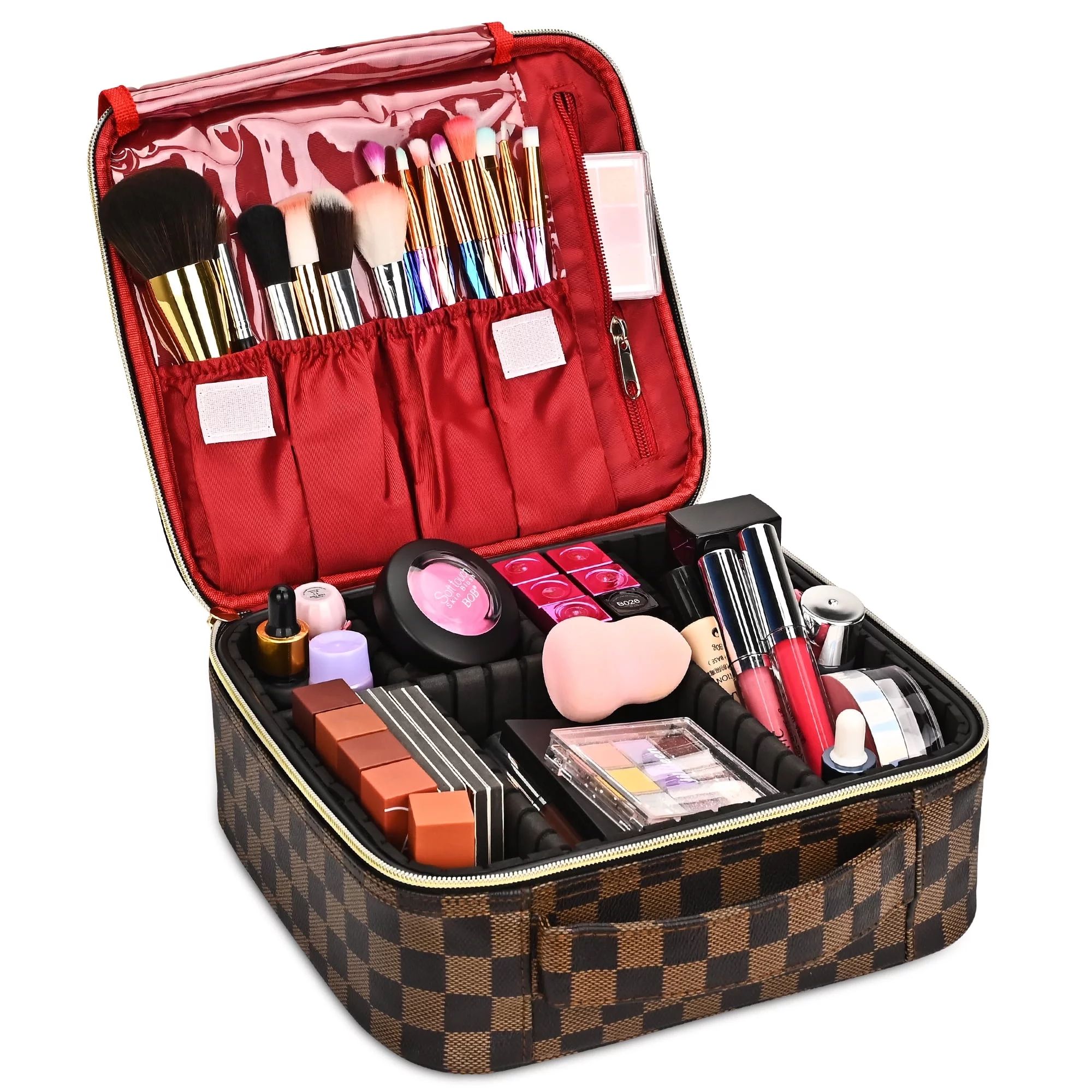 Makeup Bag for Women, Checkered Cosmetic Case, Travel Cosmetic Organizer with Adjustable Dividers... | Walmart (US)