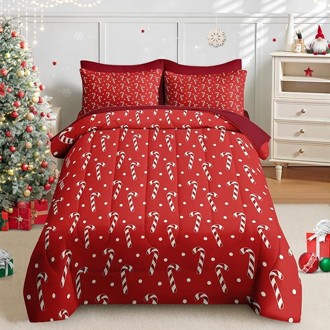 Nesker 5 Pcs Christmas Comforter Set Twin Size, Red White Cane Bedding Set for Kids and Adults, M... | Amazon (US)