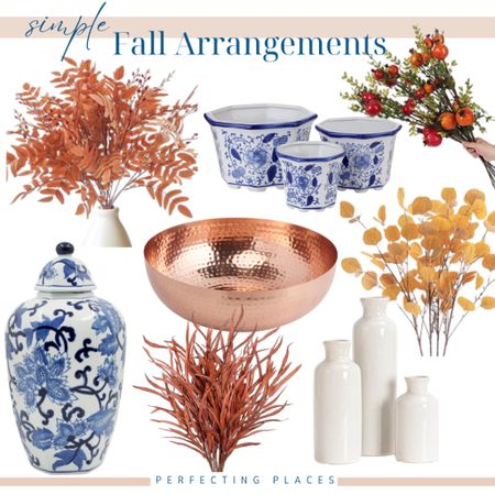 Create simple fall arrangements with these faux fall stems and lovely vases and bowls. Copper hammered bowl, pomegranate branches, faux fall fern, golden eucalyptus, blue and white ginger jar, blue and white pots, vase trio

#LTKhome #LTKFind #LTKSeasonal