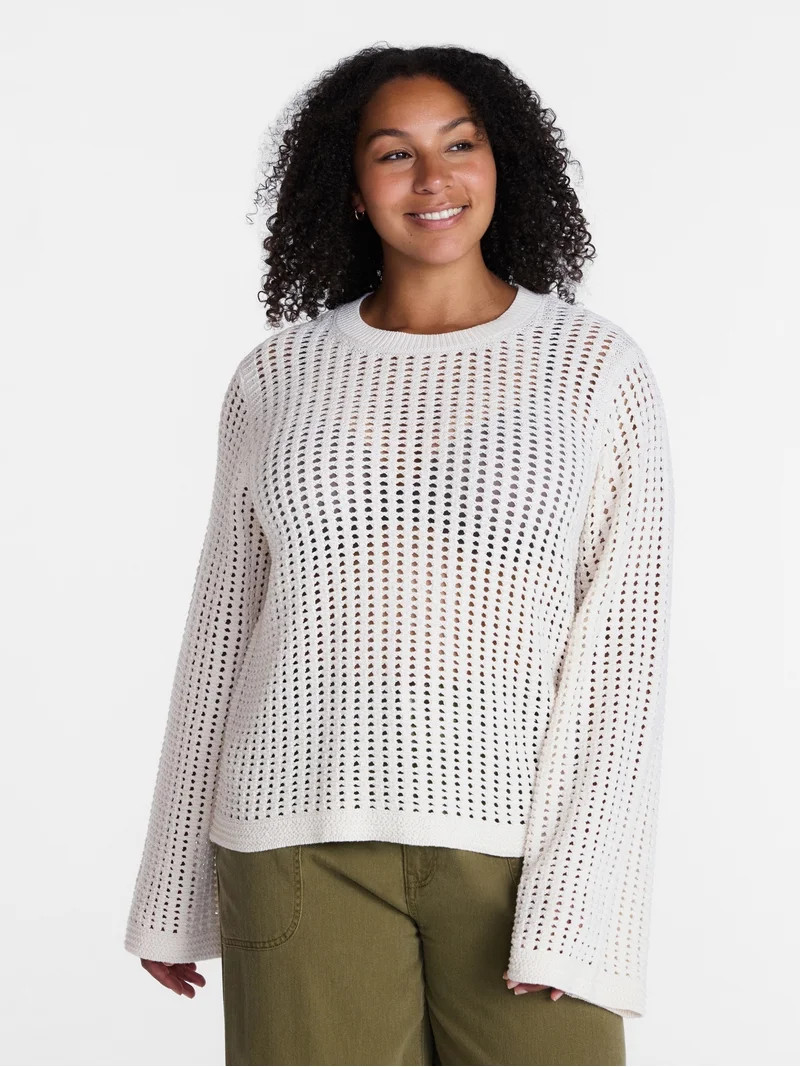 Time and Tru Women\u2019s Textured Cotton Sweater with Long Sleeves, Lightweight, Sizes XS-XXXL -... | Walmart (US)