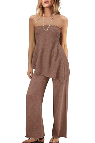 Panadila Womens Off Shoulder Sweater Set 2 Piece Outfits Summer Vacation Knit Matching Lounge Set Tube Top and Pants Set(Brown,S) | Amazon (US)