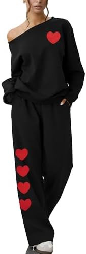 MNLYBABY Valentines 2 Piece Set Women Love Outfit - Heart Sweatshirt Shirts Off Shoulder Sweatshi... | Amazon (US)