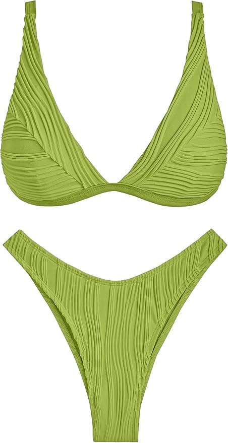 ZAFUL Women's Sexy Two Piece Swimwear Textured Triangle Plunging Neck High Cut Cheeky Bikini Set ... | Amazon (US)