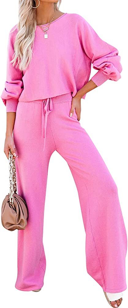 Pink Queen Women's 2 Piece Outfit Sweater Set Long Sleeve Crop Knit Top and Wide Leg Long Pants S... | Amazon (US)