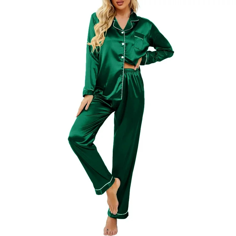 DAKIMOE Sleepwear Womens Silky Satin Pajamas Set Long Sleeve Nightwear Loungewear, Green, M | Walmart (US)